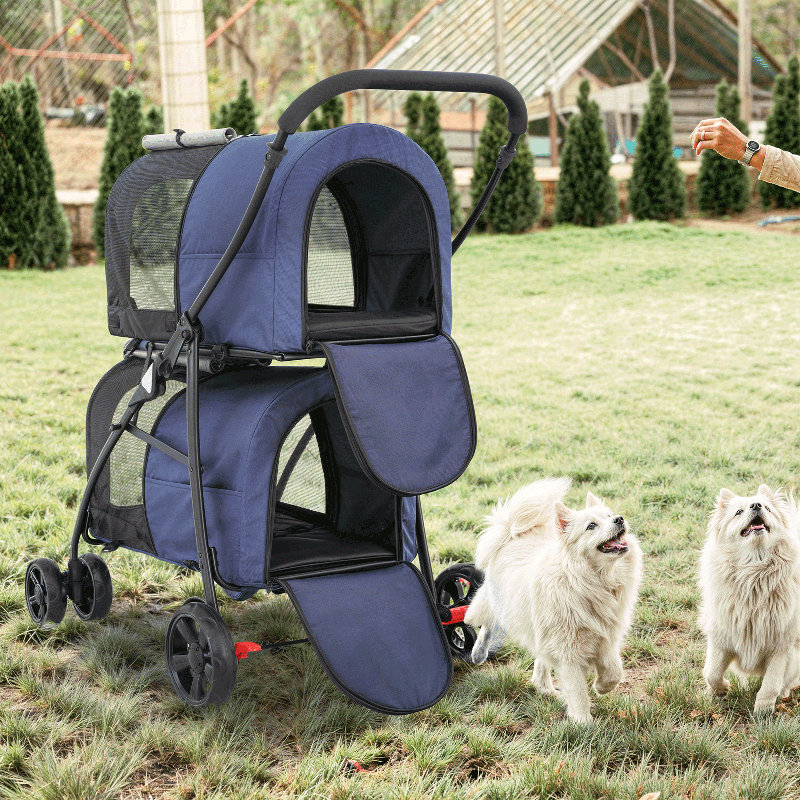 Foldable Pet Stroller with Double Detachable Carriers, Folding Dog Cat Jogger Stroller with Tether, Blue/Gray