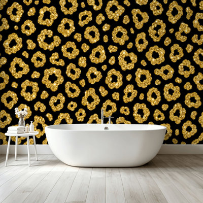 Peel and Stick Wallpaper Wall Mural fashion seamless gold glitter leopard fur Sparkle animal skin print Wall Art Self Adhesive and Removable