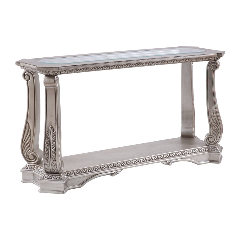 Table de canapé, argent antique et verre transparent