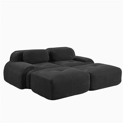 Canapé 2 places en tissu velours côtelé de luxe modulaire multi-combinaison de conception anti-dérapante chaise longue accoudoirs courbés soutien ergonomique éponge à haute résilience pour les chambres à coucher, noir