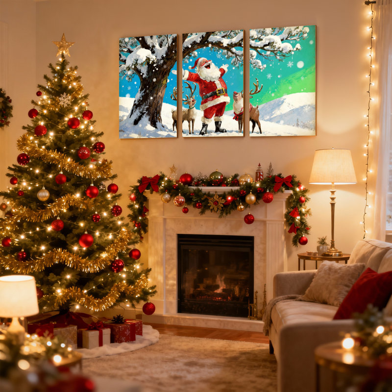 Père Noël de Noël avec renne dans la forêt enneigée, ensemble de 3 impressions sur toile, H 18 po x l 36 po