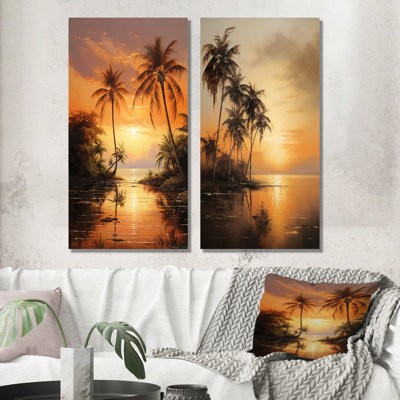 Palm Tree Tropical Getaway Sunset Bronze Beach - Palms & Palm Trees Canvas Wall Art Set Of 2