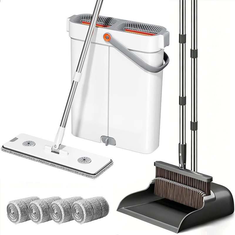 JOYBOS All-in-one Cleaning Set, Broom And Dustpan Set + Flat Mop And Bucket Set, Includes 2 Broom Heads And 7 Reusable Microfiber Mop Pads