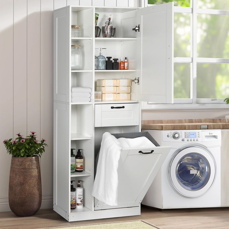 Meuble de rangement de 180 cm de hauteur pour salle de bain et buanderie avec panier à linge basculant, tiroir et étagères réglables