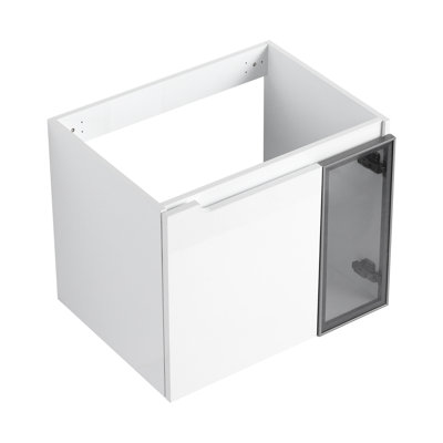 Meuble-lavabo mural pour salle de bain, 24 po, 2 portes à fermeture douce, unité blanche lustrée, 1/2 porte en verre gris, fabrication en contreplaqué, emballé pour le kd, lavabo non inclus, pièce de décoration de salle de bain moderne de 24 po