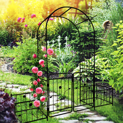 Black Metal Garden Arch With Gate 79.5''X86.6'' - Build A Dream Climbing Plants 79.5'' Wide X 86.6'' High Make Your Outdoor Extraordinary Climbers,