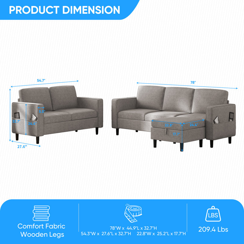 3+2 Linen Sectional Sofa Set with Storage Ottoman & Pockets, Light Gray