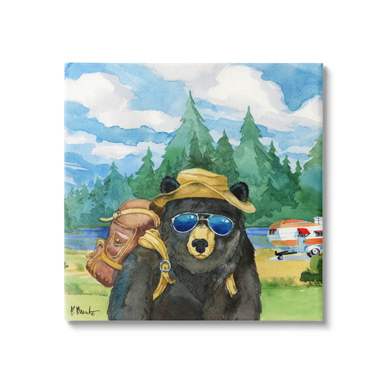 «Happy Camper Black Beer Hiker» par Paul Brent - peinture sur toile tendue, H 17 po x l 17 po x P 1,5 po