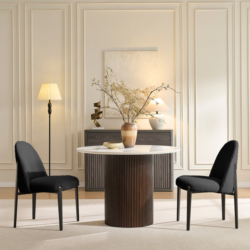 Ensemble de salle à manger 3 pièces rond en faux marbre avec base fluo, Noir, 3 pièces: table, 2 chaises, Blanc