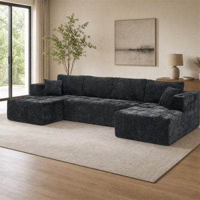 Canapé modulaire en forme de U en chenille noir à 6 places avec double porte-gobelet et poches de rangement latérales et dossier haut à compression sans os