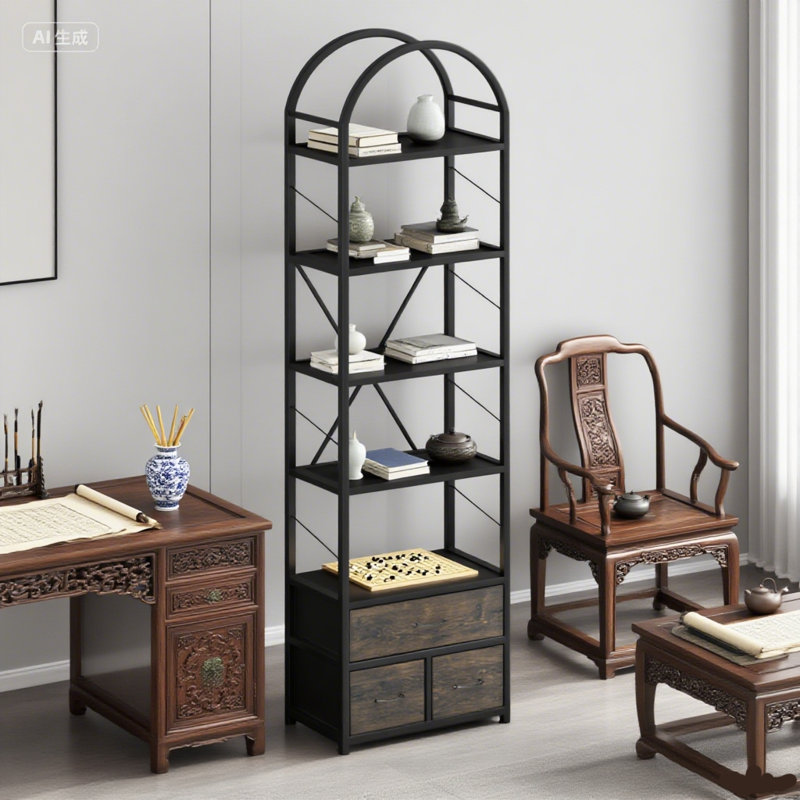 Arched Bookshelf With Led Lights - 5 Open Shelves & 3 Fabric Drawers For Multi - Room Use