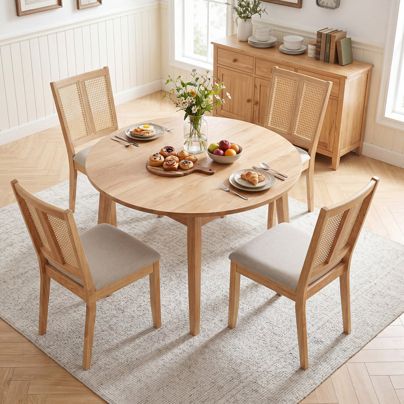 Ensemble de 4 chaises de salle à manger en rotin, chaises de cuisine rembourrées avec dossier incurvé, 4, Naturel