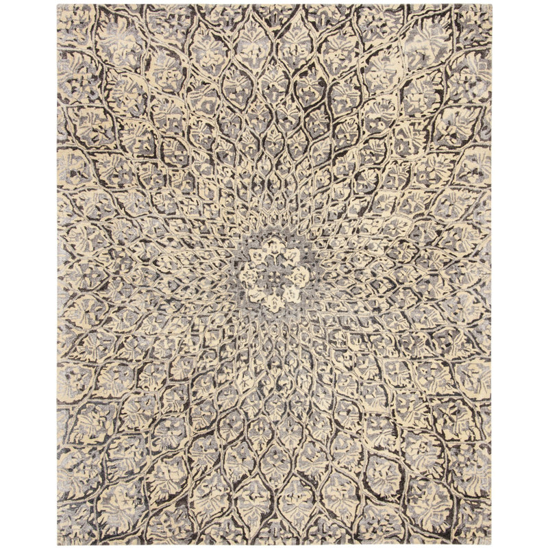 Tapis en laine / bambou touffeté à la main Bale ivoire / gris anthracite, Rectangle 8 pi x 10 pi