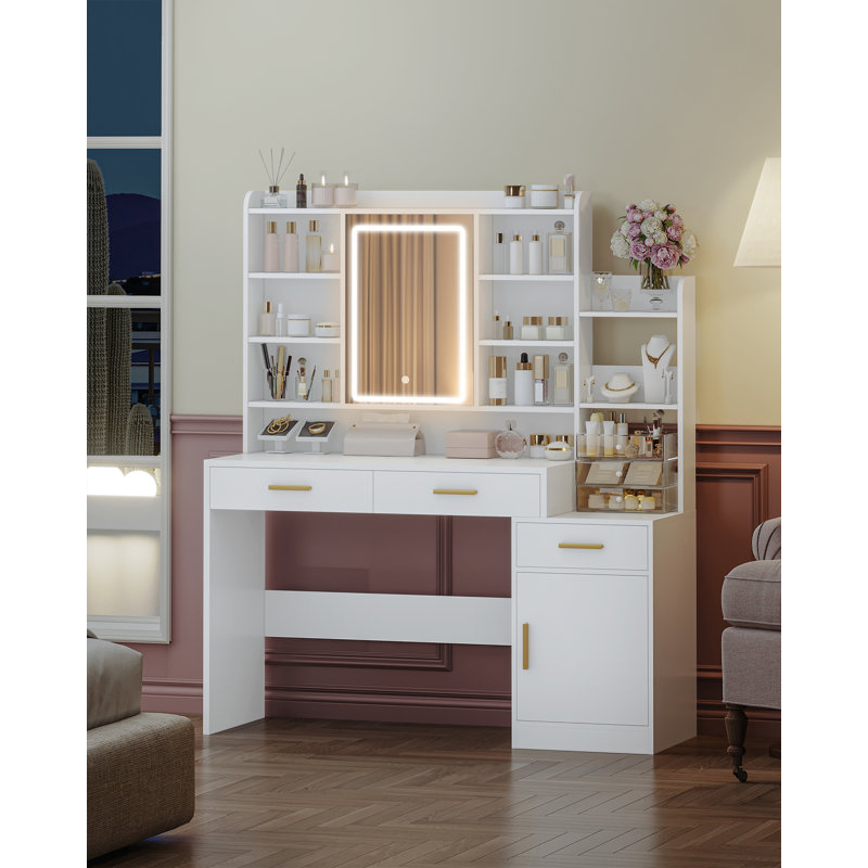 Dressing Table with Mirror, Vanity Desk with Adjustable LED Light, Large Desktop, 3 Drawers and 1 Storage Cabinet, Open Shelves, Vanity Table for Bedroom