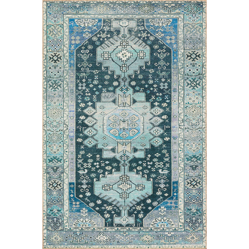 Tapis bleu tissé à la machine Anaelise, Rectangle 3 pi 6 po x 5 pi 6 po