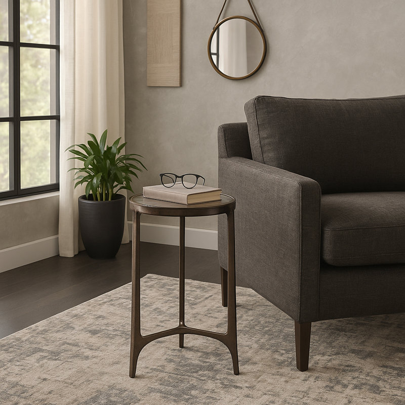 Round Accent Table With Thick Glass Top, Antique Aluminum Finish, Durable Glass & Aluminum