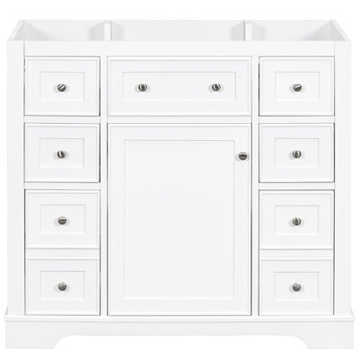 Base de meuble-lavabo 36 po blanc seulement. 6 tiroirs et 1 armoire. Style contemporain. Bois massif et surface peinte imperméable. Autoportant. Base requise pour l'assemblage. Tiroirs de porte. Fabriqué en