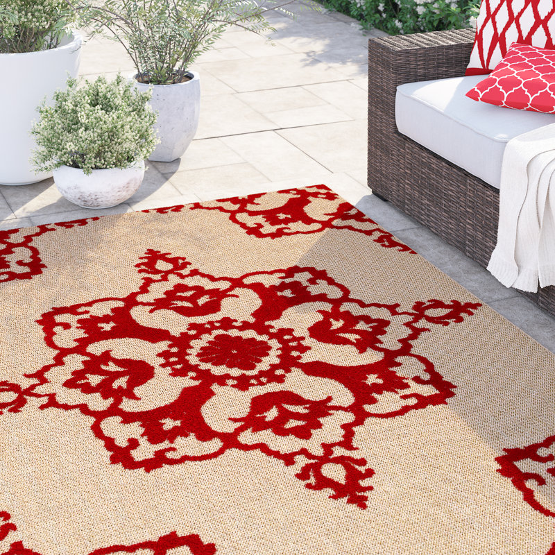 Tapis sable / rouge à motif floral Laub, Rectangle 7 pi 10 po x 10 pi 10 po