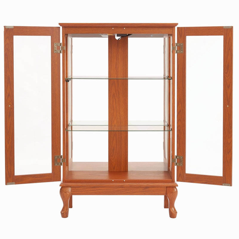 2 Doors Curio Cabinet With Tempered Glass Doors, Curio Cabinets With Mirrored Back Panel And Adjustable Shelves, Lighted Display Cabinet For Home, Office Light Bulb Included