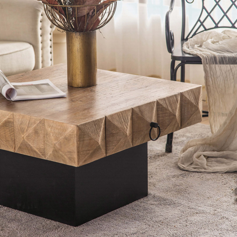 Three-Dimensional Embossed Pattern Square Retro Coffee Table With 2 Drawers And MDF Base, 18.3" H x 32.28" L x 32.28" W
