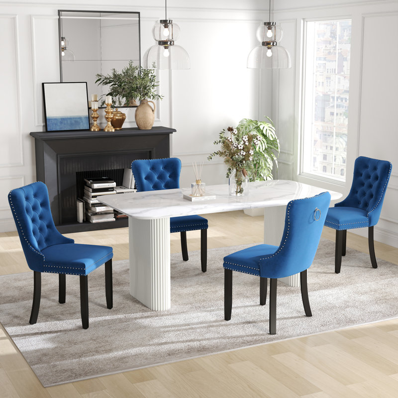 Ensemble de salle à manger rectangulaire à double piédestal avec table de salle à manger de style crème, 5, Bleu