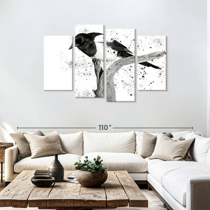 Oiseau noir et blanc Brampt, H 48 po x l 75 po