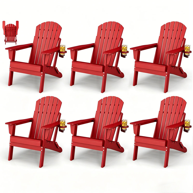 Set Of 6 Hdpe Folding Adirondack Chair, Red