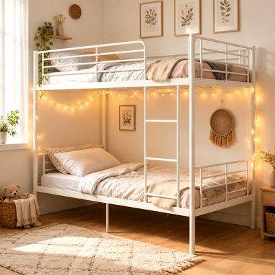Metal Bunk Bed Twin Over Twin with Ladder and High Guardrail, Able to Split, Heavy-Duty Steel Slats Support for School, Under-Bed Storage Space, No Box Spring Needed, Noise Free, White
