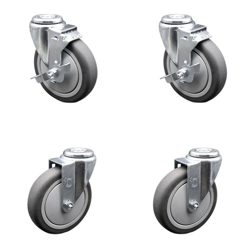 SS Thermoplastic Rubber Wheel Swivel Bolt Hole Caster Set with 2 Brake