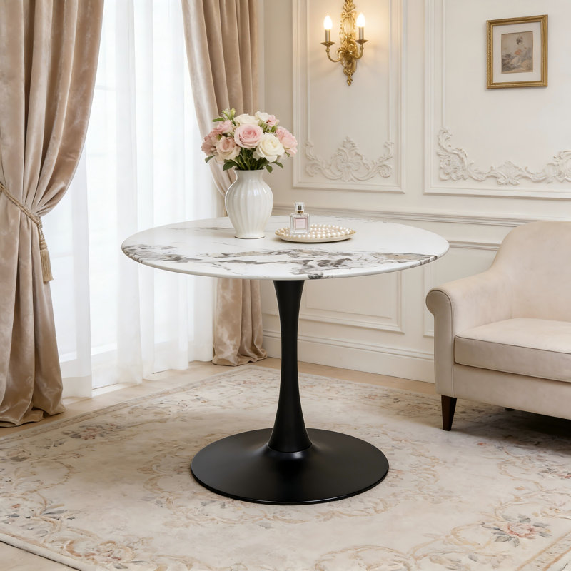 Table de salle à manger 34,65 pouces à motif de tulipes avec base en métal noir pour 4 à 6 personnes