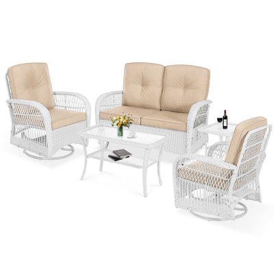  Ensemble de conversation en rotin 5 pièces, ensemble de conversation en osier toutes saisons - 2 chaises pivotantes à bascule, 1 causeuse en rotin avec coussins, 2 tables basses et osier blanc