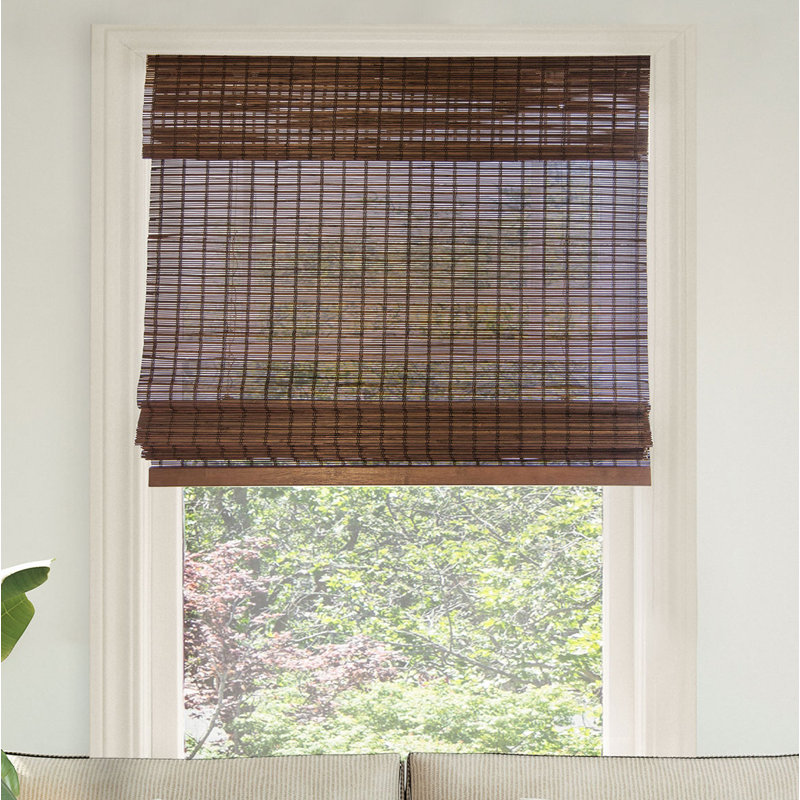 Cordless Light Filtering Woven Wood Bamboo Roman Shade with Valance, Gray, 29"W x 64"L