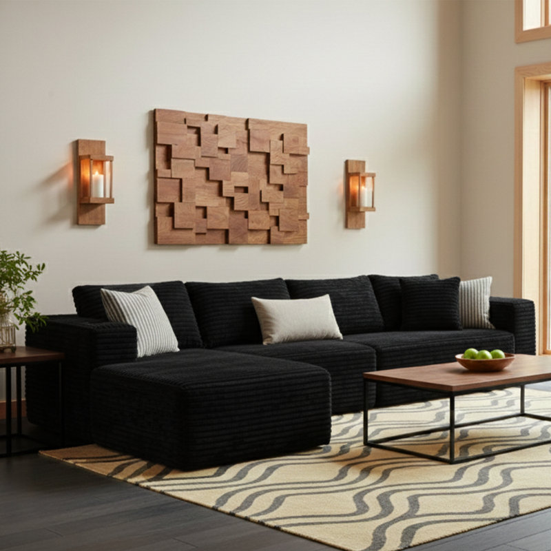 Canapé modulaire modulaire en forme de L 106 po avec méridienne convertible et porte-gobelets pour salon 106 po, Noir