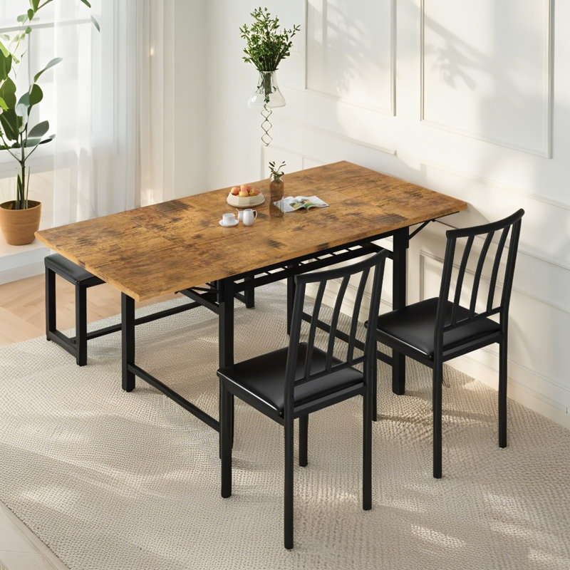 4-piece Extendable Dining Room Table And Chairs Set For 4-6, 58" Mid-century Modern Dining Table Set With Faux Marble Table & 1 Bench & 2 Backrest Chairs, Space Saving Kitchen Dining Table Set With Drop Leaf For Dining Room, Apartment, Kitchen
