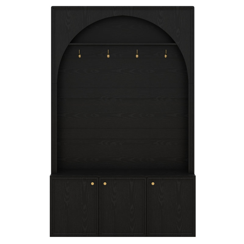 Entryway Hall Tree With Storage Bench, Adjustable Shelves, Arched Coat Rack With 4 Golden Hooks And 3 Cabinets, Black