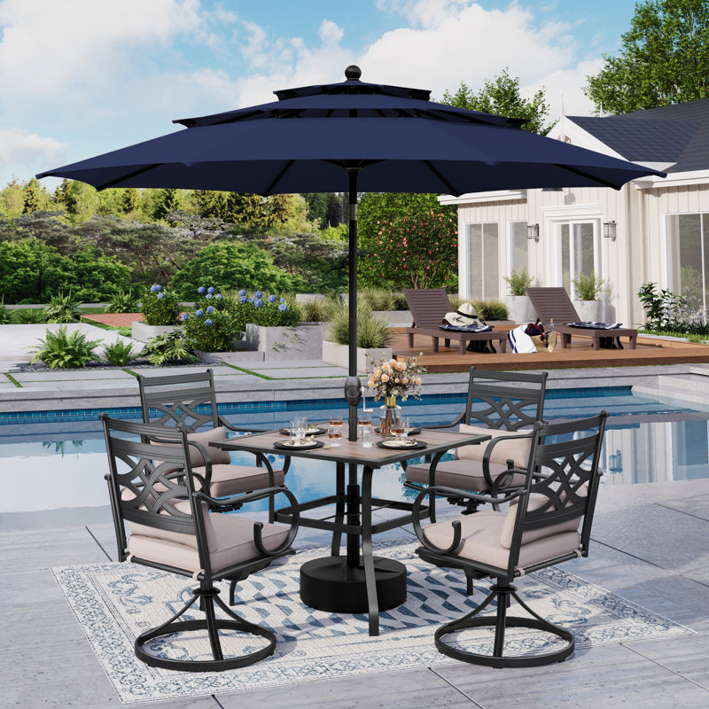 Ensemble de salle à manger rectangulaire pour 60 personnes avec coussins et parasol Leonard, Bleu marine