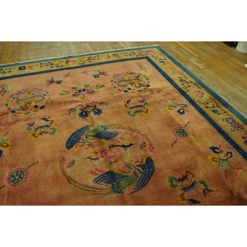 Antique Art Deco Room Size Wool Coral / Salmon / Pink Rug