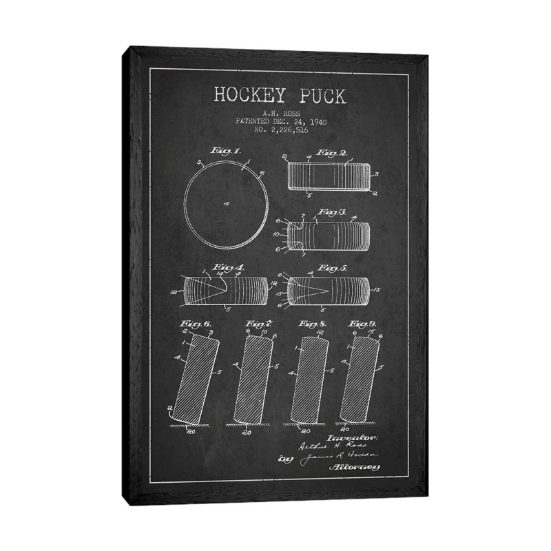 Hockey Puck Charcoal Patent Blueprint by Aged Pixel - Floater Frame Print on Canvas, Black Framed, 66.04 cm H x 45.72 cm W