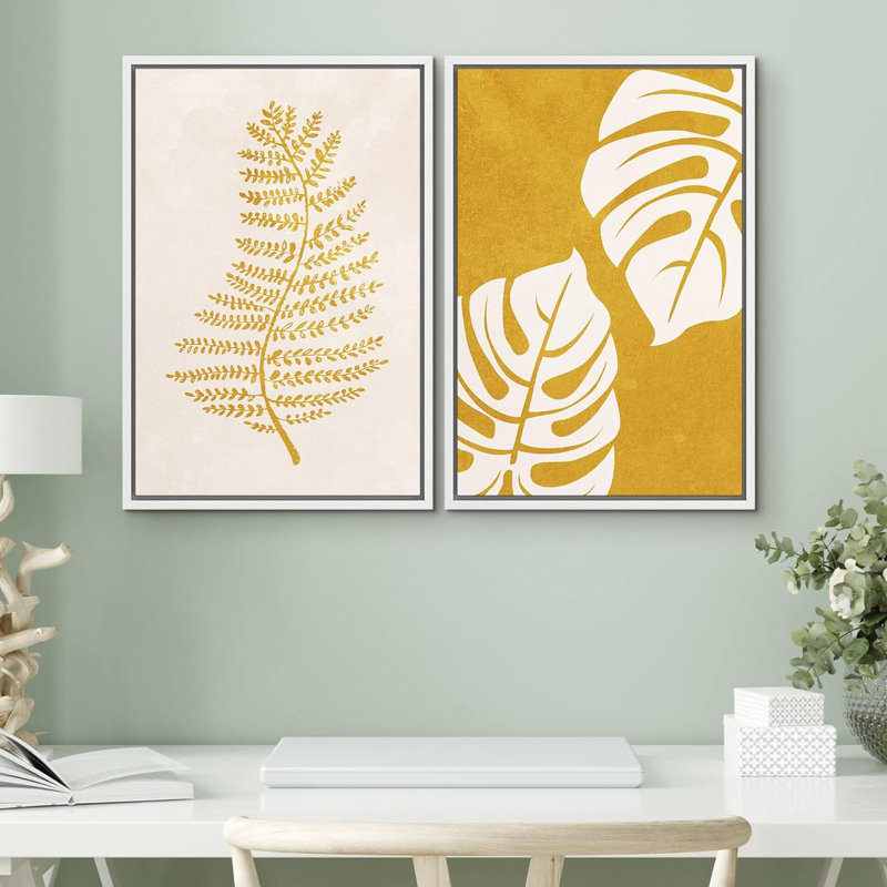 Jaune, blanc, feuille tropicale, silhouettes, nature sauvage, art moderne, rustique, coloré, 2 pièces, Blanc