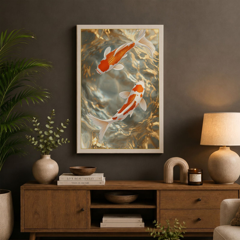 Koi in Sunlit Water Coastal 1 Piece Wrapped Canvas Wall Art, 18x12 - 45.7 x 30.5 cm, Sage Border