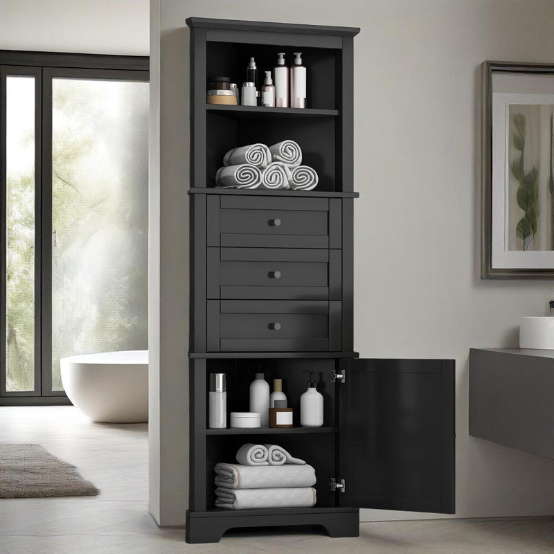 Triangle Tall Cabinet with 3 Drawers and Adjustable Shelves, Black