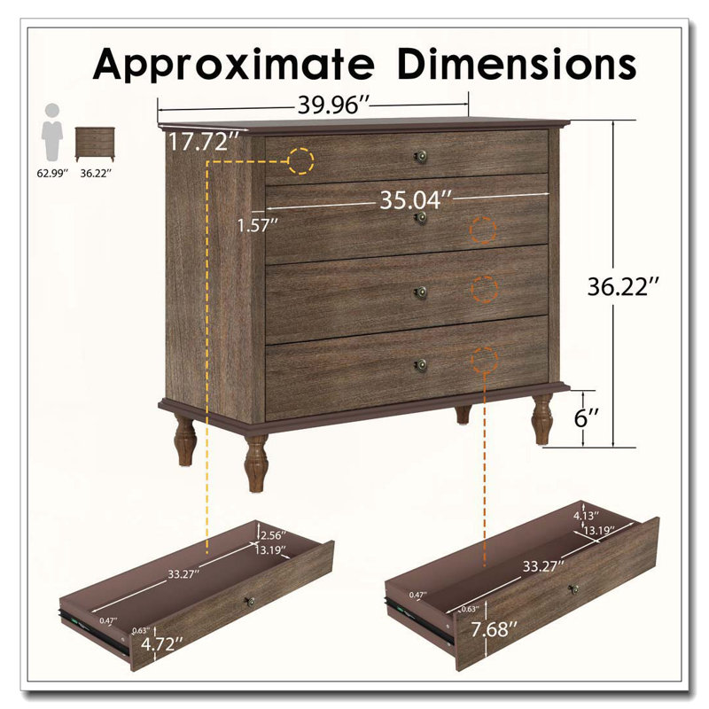 Large 4-Drawer Chest with Solid Wood Foot, Deep Rustic Brown
