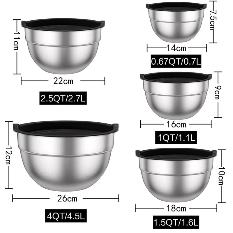 Mixing Bowls With Airtight Lids, 5 Pieces Stainless Steel Metal Nesting Storage Salad Bowls