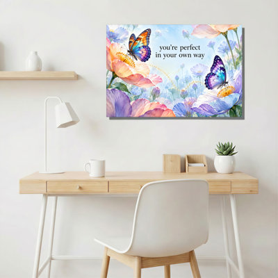 Watercolor Butterflies on Pink and Purple Flowers Canvas Wall Art
