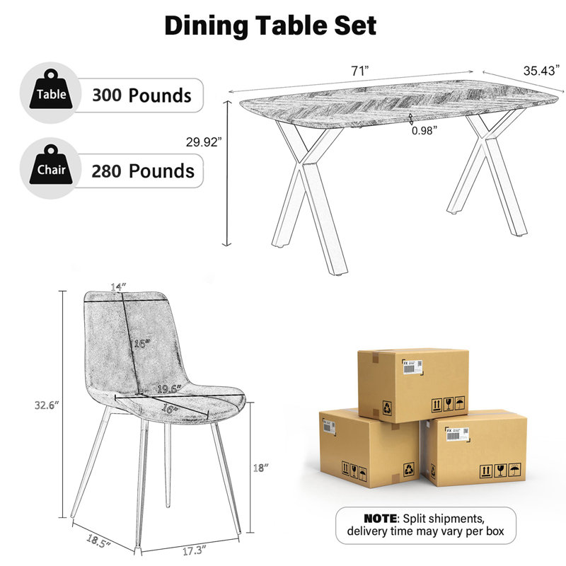 Modern Rectangular MDF Dining Table Set, Brown, 7 Pieces: Table, 6 Chairs, 29.92" H x 71" W x 35.43" D
