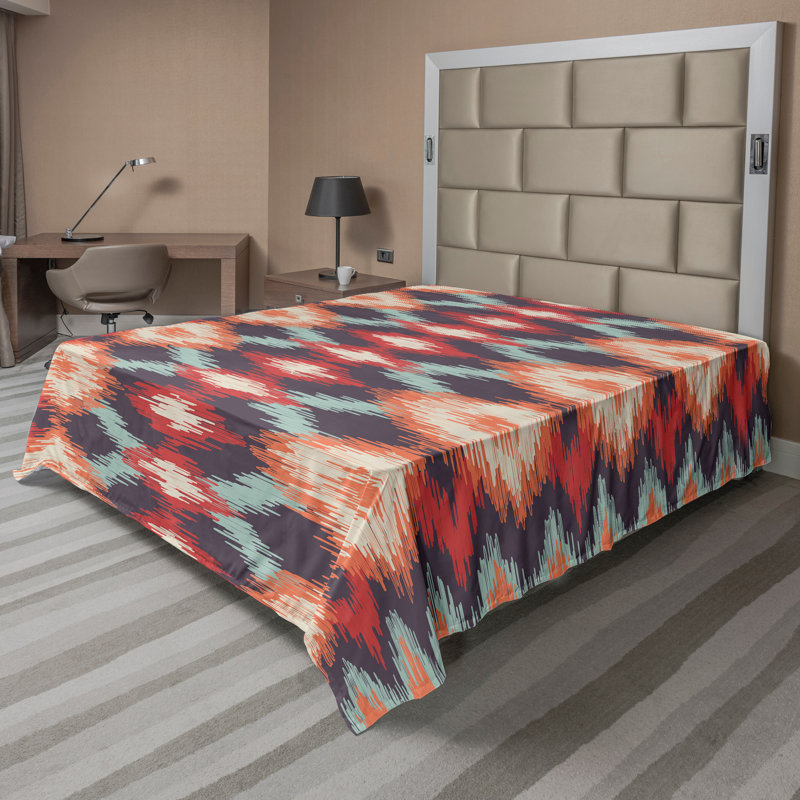 Ambesonne Top Flat Sheet Curving Art, Red Orange Teal Ikat, King Flat Sheet