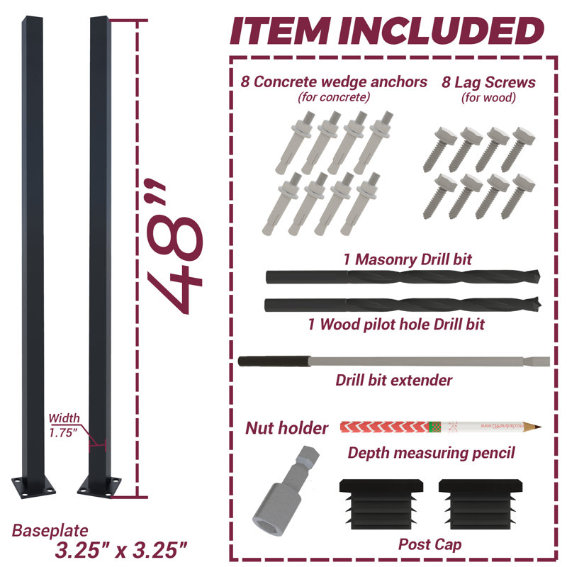 Handrail Post, Wrought Iron Black Metal Railing Post with Bracket for Deck, Balcony & Porch Railing, 4 ft. H x 0.1 ft. W