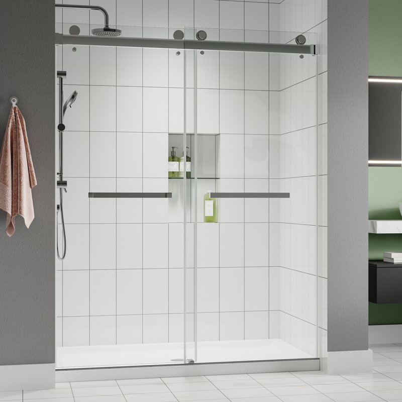Catalyst 56"- 60" W x 76" H Double Sliding Frameless Shower Door in Chrome with 3/8" Clear Glass, Chrome