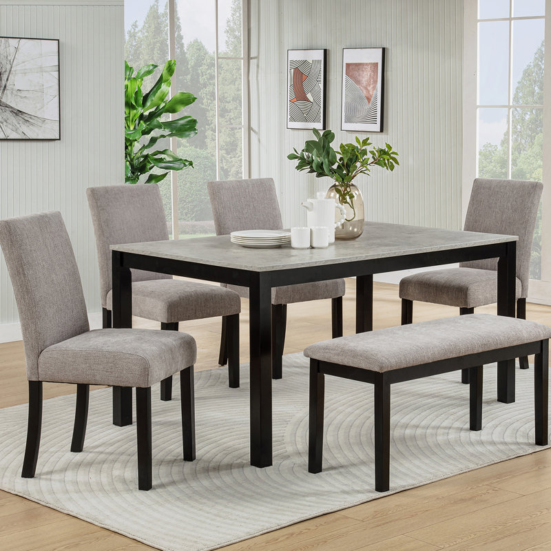 Ensemble de table de salle à manger 6 pièces, table de cuisine en bois avec 4 chaises rembourrées, 1 banc