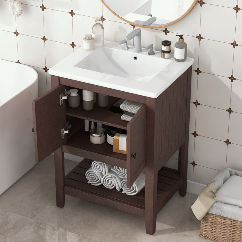 Meuble-lavabo de salle de bain avec lavabo en céramique et tablette ouverte, Brun